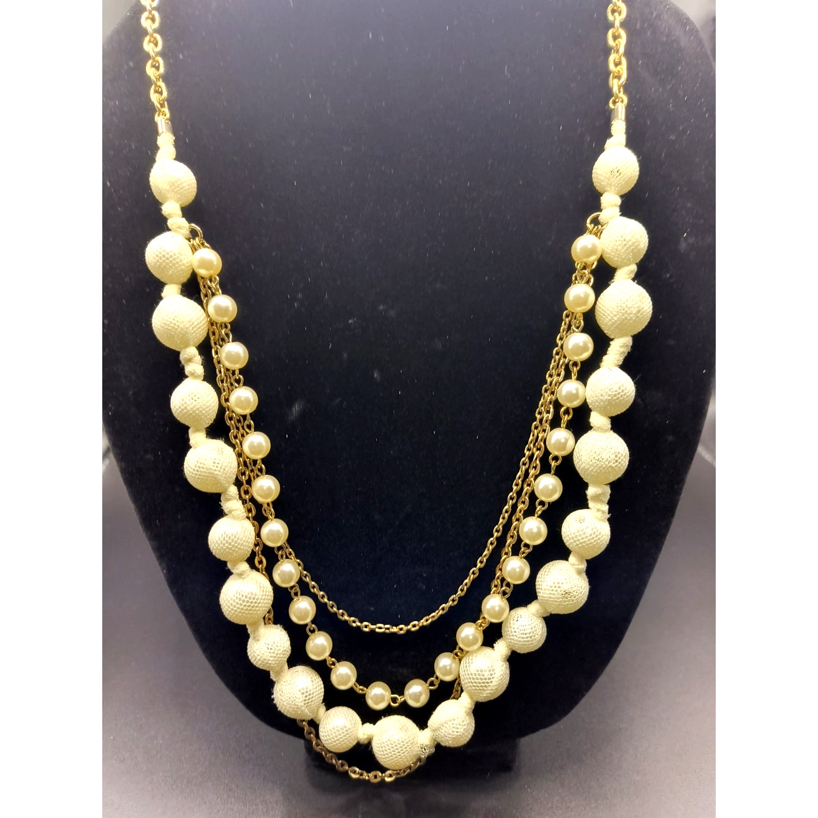 Avenue Layered Mesh Bead Pearl Chain Necklace - Gold Tone 18$